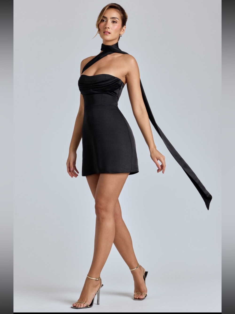 Oh Polly Black One-Shoulder Mini Dress with Long Neck Tie - Picture 3 of 10